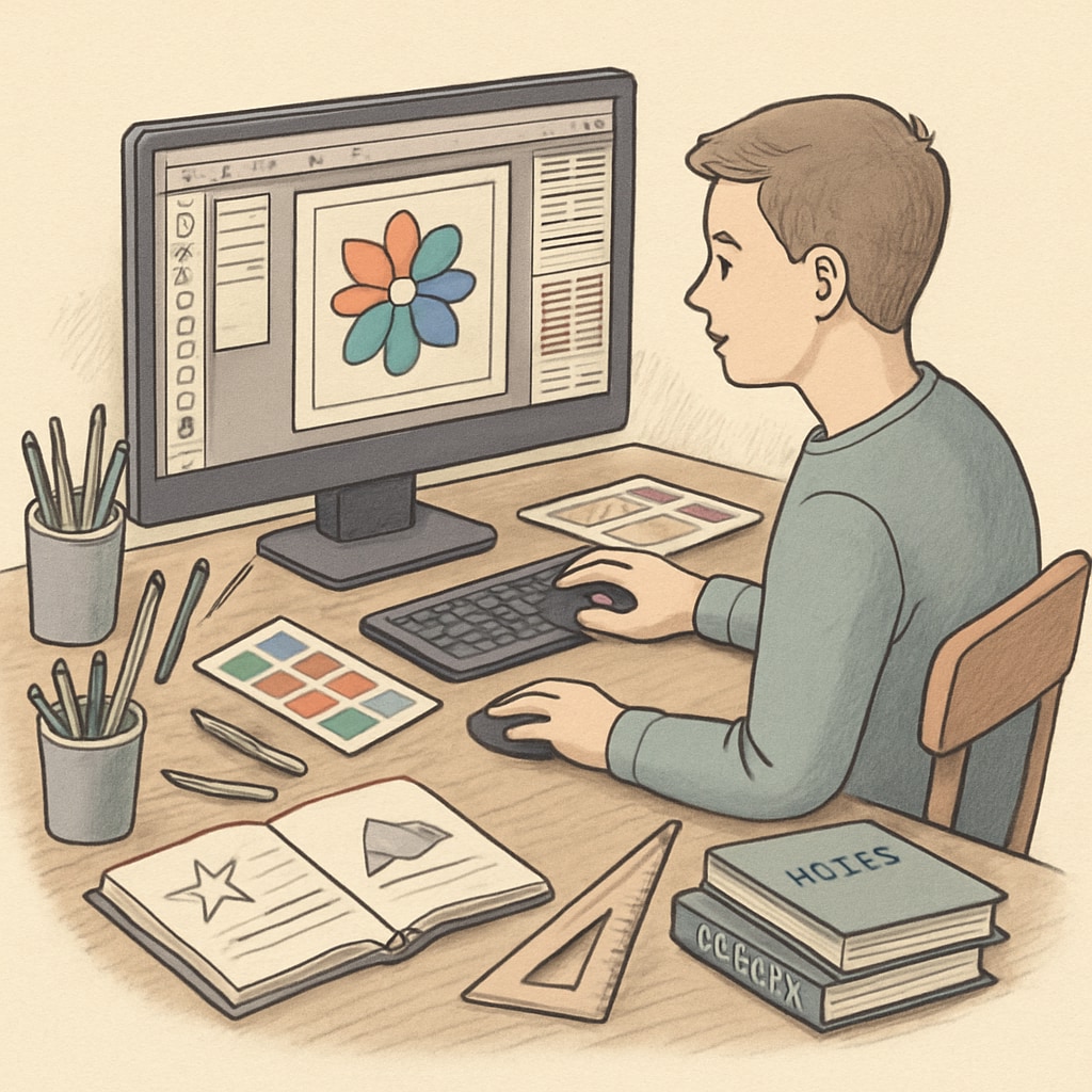A student experimenting with graphic design software, highlighting the value of skills over GPA in creative fields. A student working on a graphic design project, emphasizing skills over academic grades.