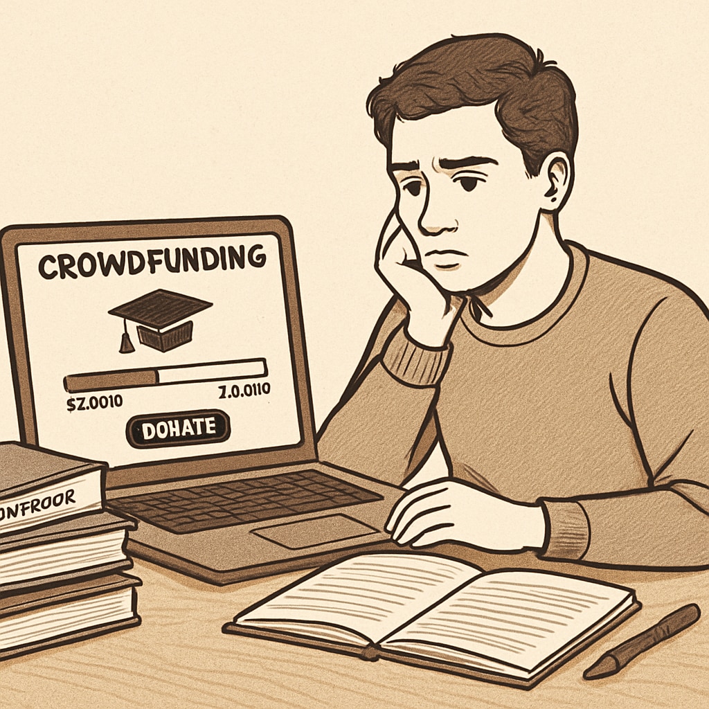 A college student sitting at a desk with a laptop open to a crowdfunding platform, illustrating the struggle to raise tuition funds. Student crowdfunding for tuition fees online