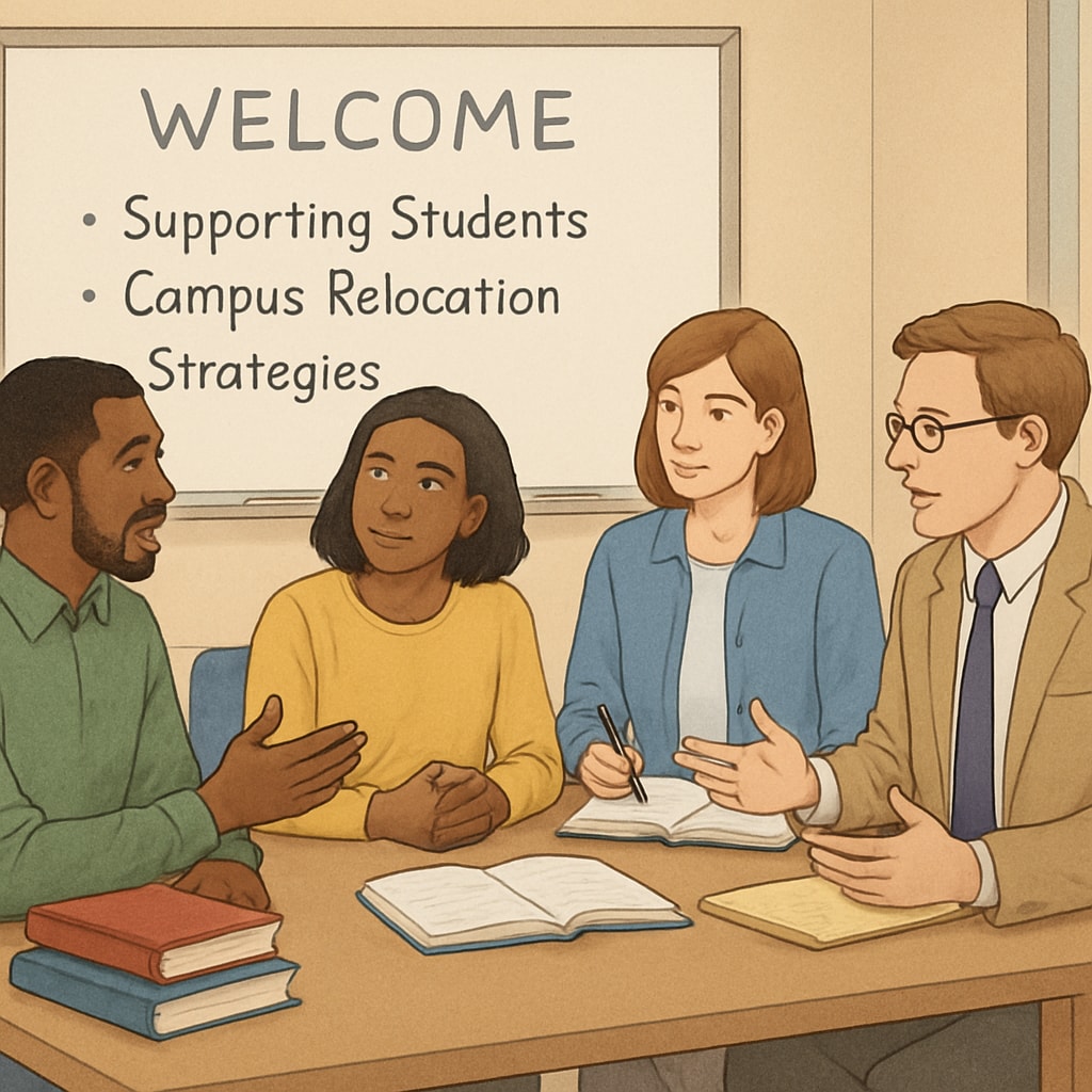 Parents and teachers collaborating in a school meeting, discussing strategies to support elementary students during a campus relocation. Parent-teacher collaboration meeting for student support during school transitions.