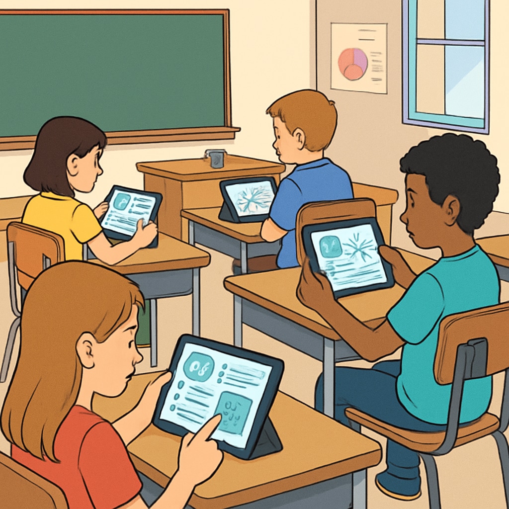 Students using tablets in a classroom with AI-powered educational software. A classroom of students engaging with AI-driven personalized learning tools.