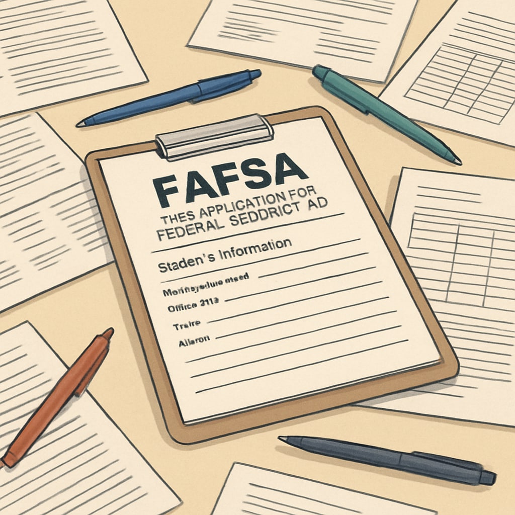 A FAFSA application form on a desk, surrounded by pens and papers, symbolizing the complexity of financial aid requirements. FAFSA application form for student financial aid