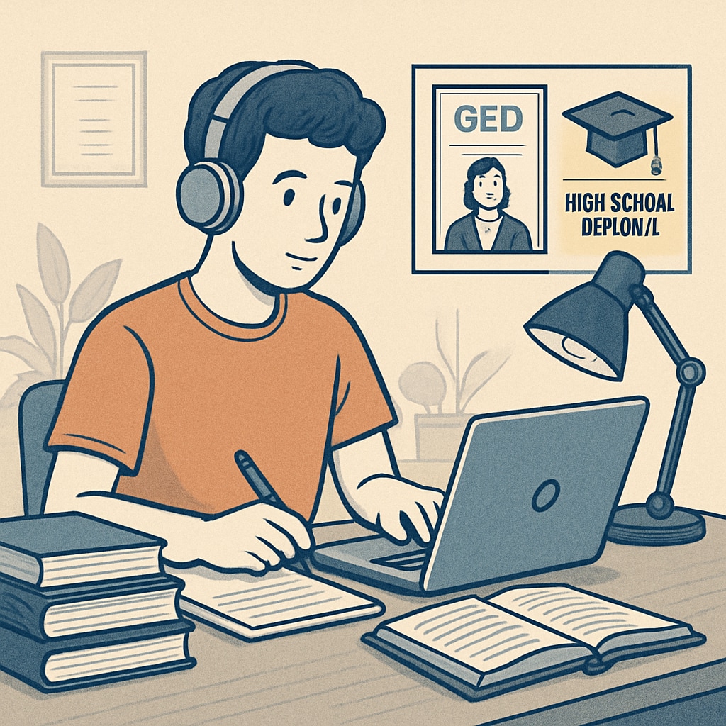 Student using a laptop for online GED and high school diploma study.