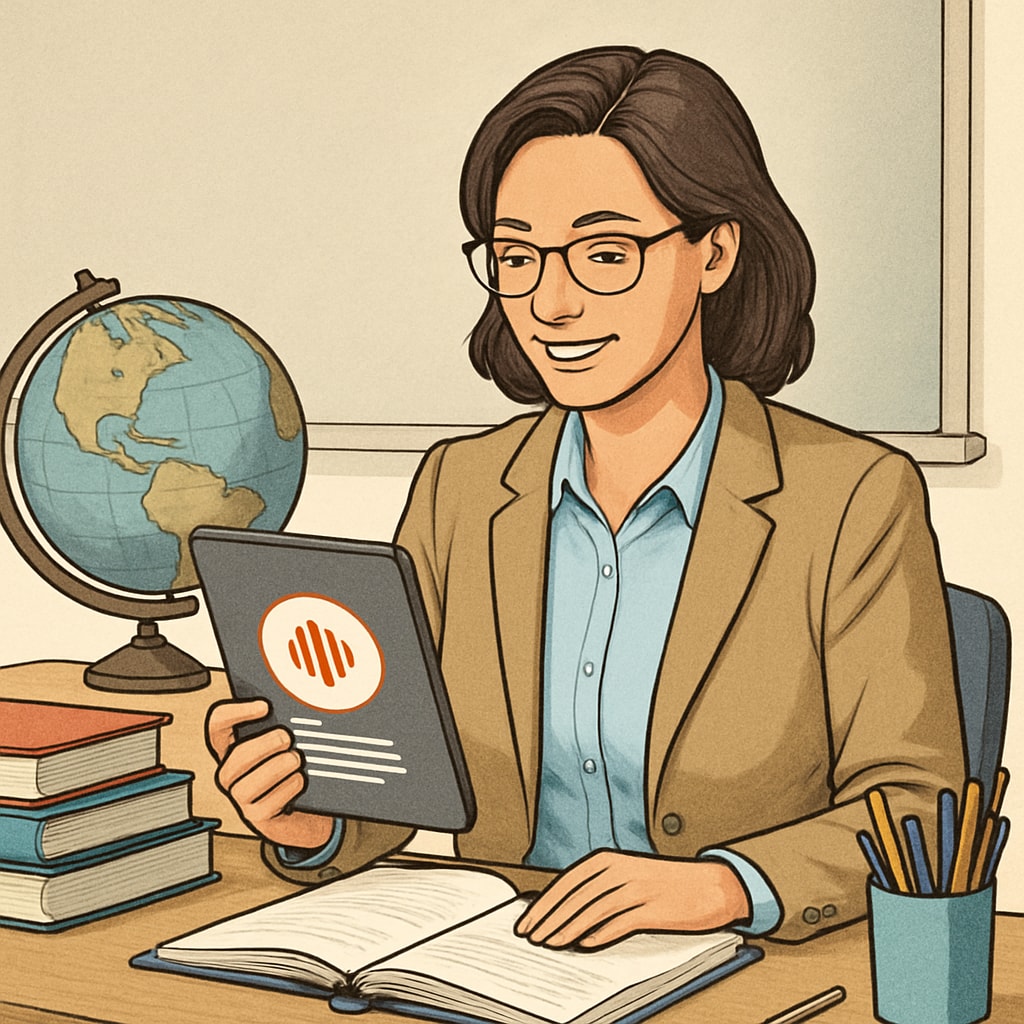 A teacher using a voice recognition tool on their tablet to create a lesson plan. Teacher using voice-to-text education tool to create lesson plans.