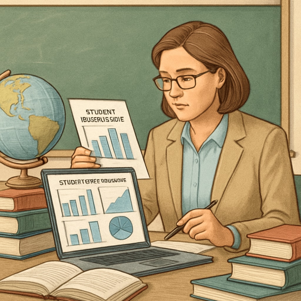 A teacher reviewing AI-generated analytics on student performance. Teacher analyzing AI-powered data insights for student assessment.