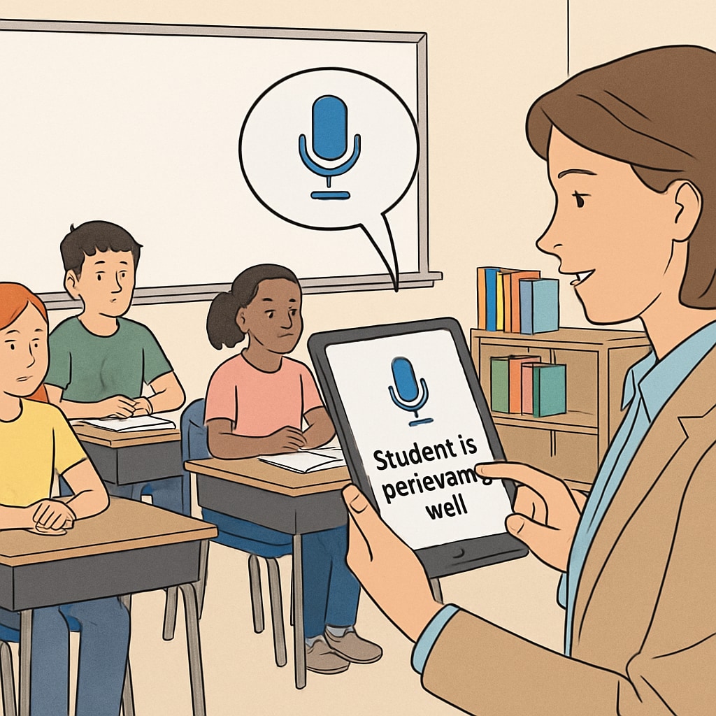 Teacher using speech-to-text tool to take notes in a classroom, improving teaching efficiency.