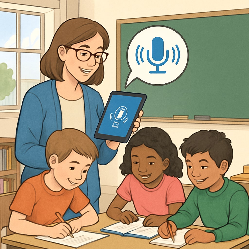 A classroom setting where a teacher is using voice recognition software to give real-time feedback during a group activity. Teacher providing feedback using voice recognition in a classroom setting.