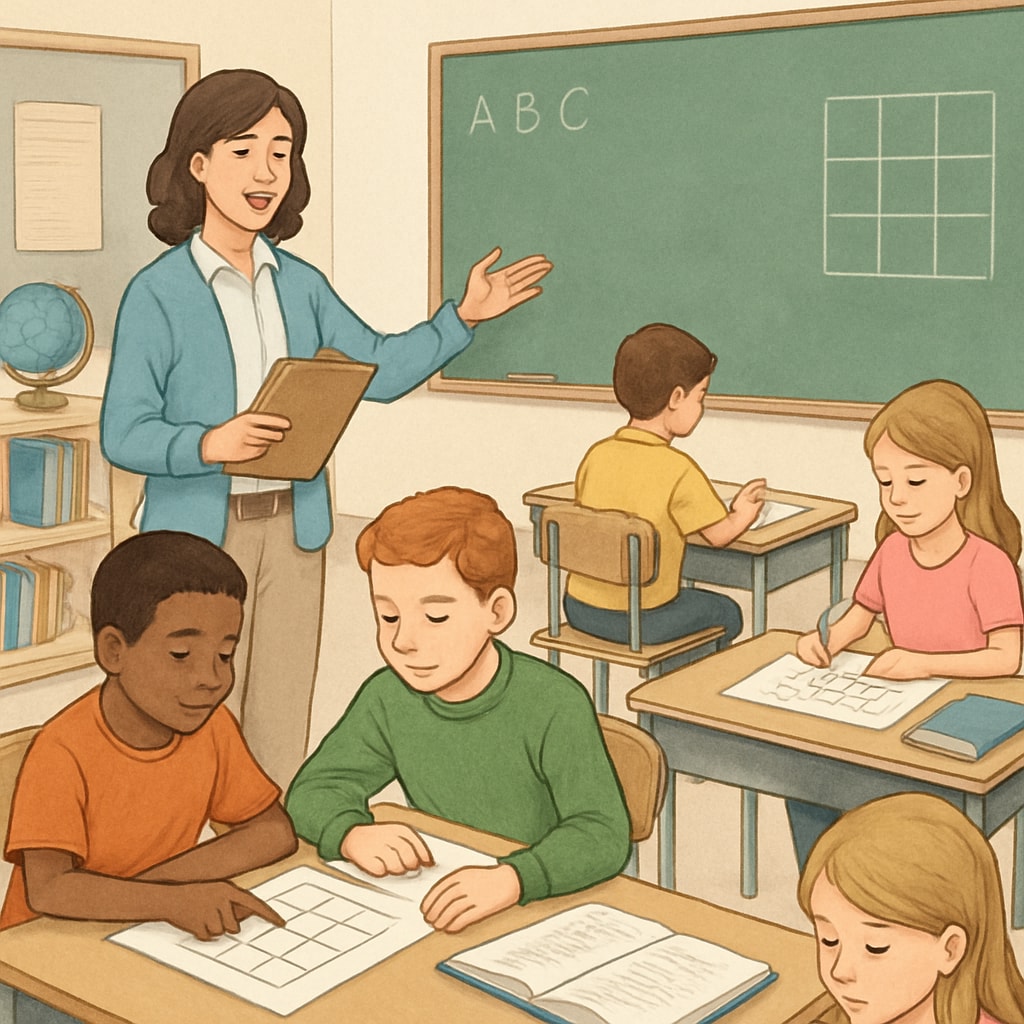 A classroom setting with a teacher guiding students through structured activities, representing structured learning. Structured learning in a classroom with guided teacher instruction.