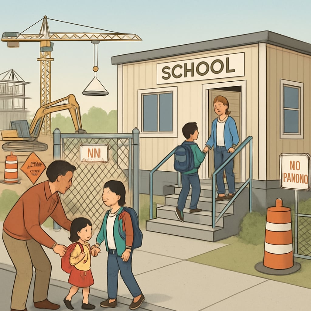 Parents dropping off children outside a temporary school building, with visible construction work in the background. Parents dropping off children outside temporary school building with construction visible.