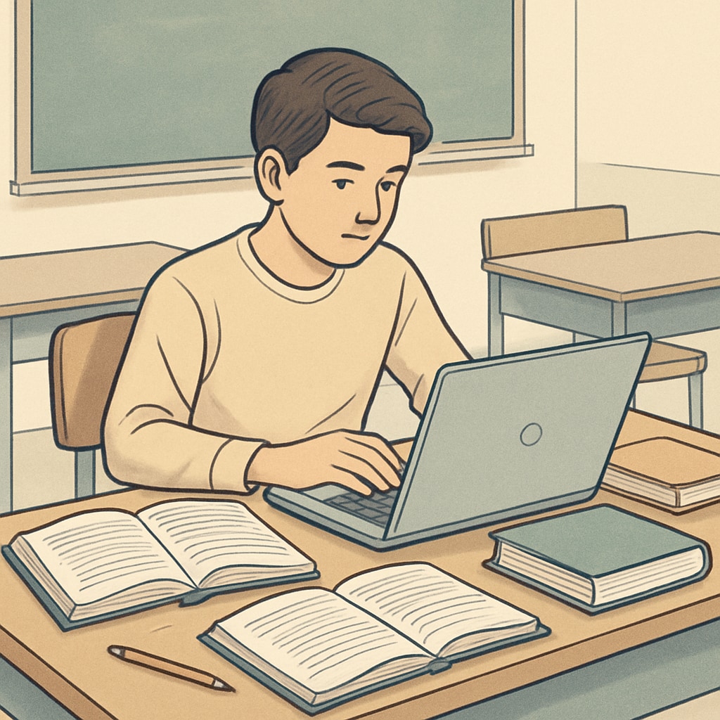 A student working independently on a laptop, surrounded by books and notes, illustrating autonomous learning. Autonomous learning with a student working independently.