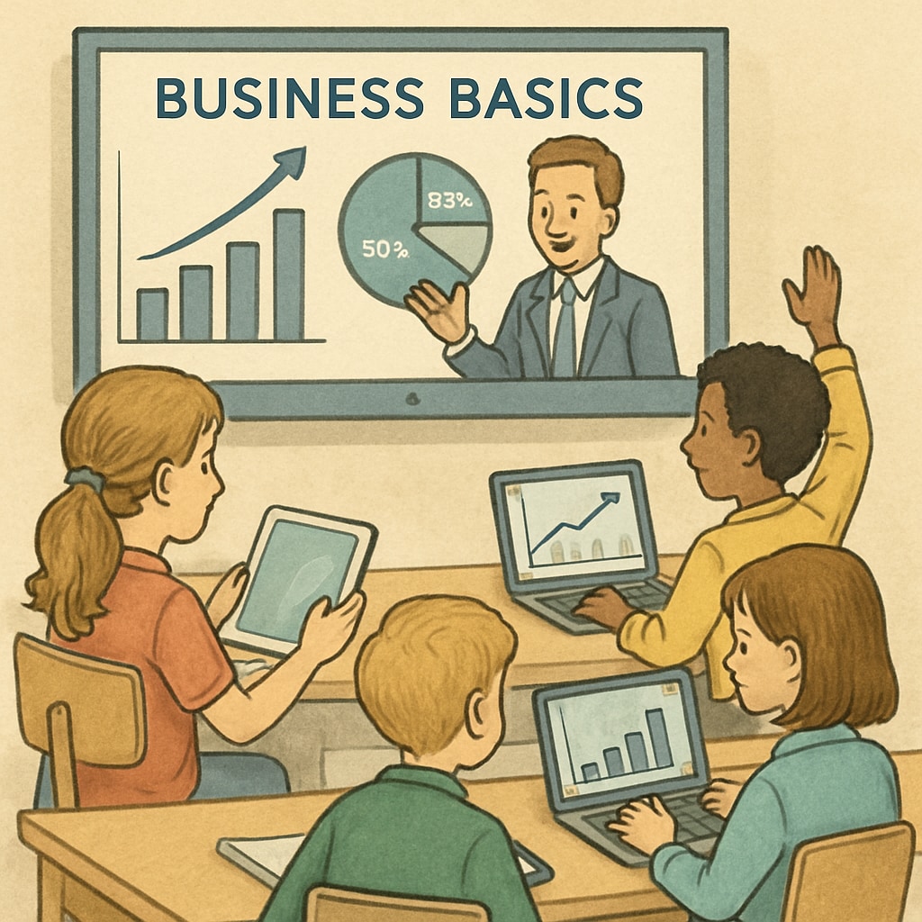 A group of children engaged in an interactive virtual course on business basics, visually representing early business education initiatives. Children participating in a virtual business education course