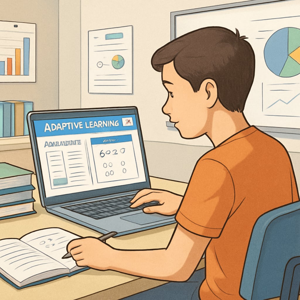 A student using an AI-enabled adaptive learning platform to complete personalized assignments. Student using AI technology for personalized learning in education.