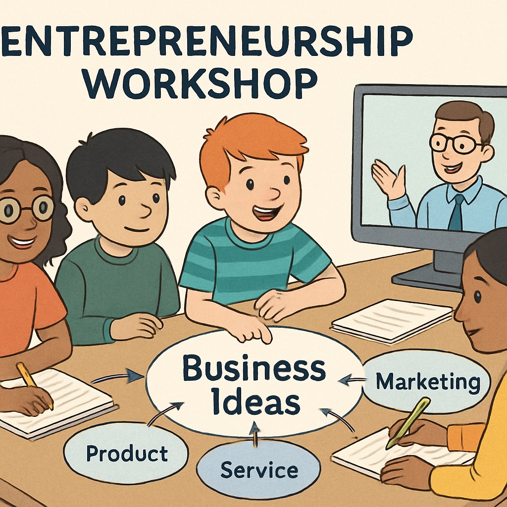 A diverse group of children brainstorming business ideas during a virtual entrepreneurship workshop, showcasing teamwork and creativity in commercial education. Children collaborating in a virtual entrepreneurship workshop