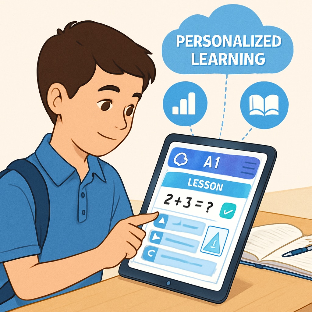 A visually engaging image of a student interacting with an AI-powered educational app on a tablet, depicting personalized learning. Student using AI-powered educational app for personalized learning.
