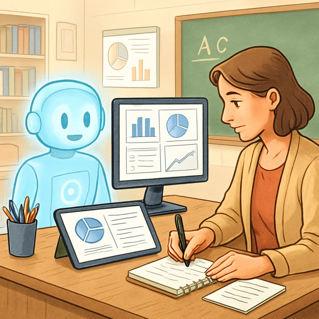 A teacher working alongside an AI tool to analyze student performance data and tailor lesson plans. Teacher collaborating with AI to enhance classroom learning.