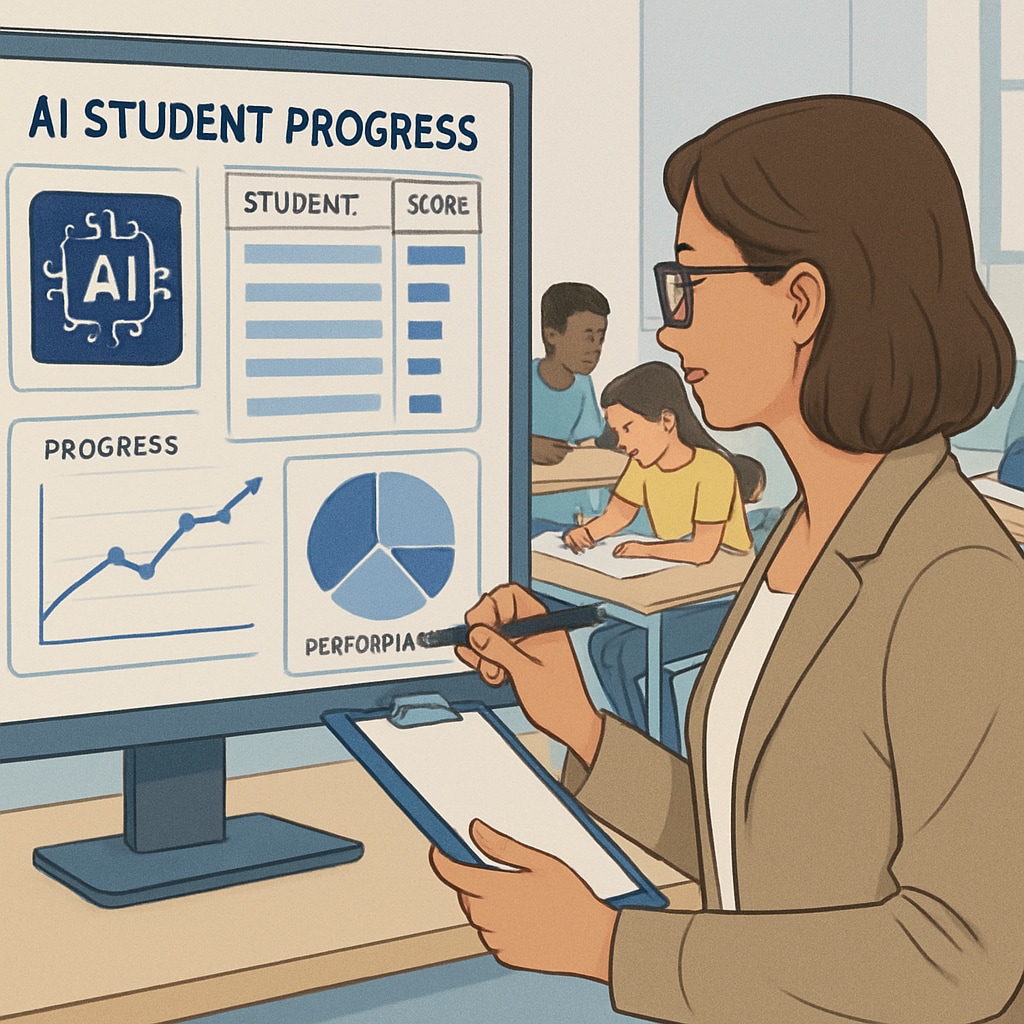 An inspiring image of a teacher using an AI-powered dashboard to review student progress, with students collaborating in the background. Teacher reviewing student progress on an AI-powered dashboard.