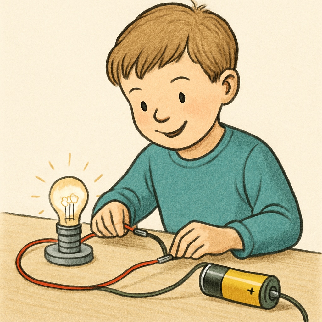 A young child enthusiastically building a simple circuit with wires and batteries on a table. A creative 4-year-old working on a circuit project, illustrating hands-on learning.