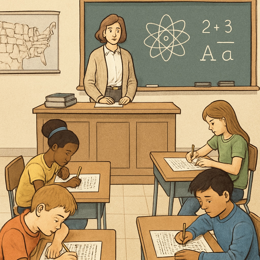 A classroom filled with students taking a standardized exam, symbolizing traditional education methods. Students taking a standardized exam, highlighting traditional competitive exams.