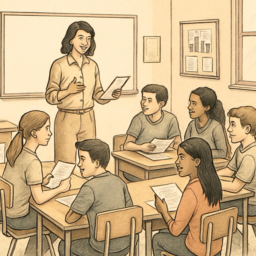 A classroom scene showing a teacher using test resources for group assessment.