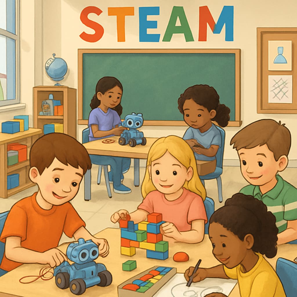 A classroom where children are engaged in hands-on STEAM activities, such as working with simple robots and colorful building blocks. A group of children participating in creative STEAM activities in a classroom.