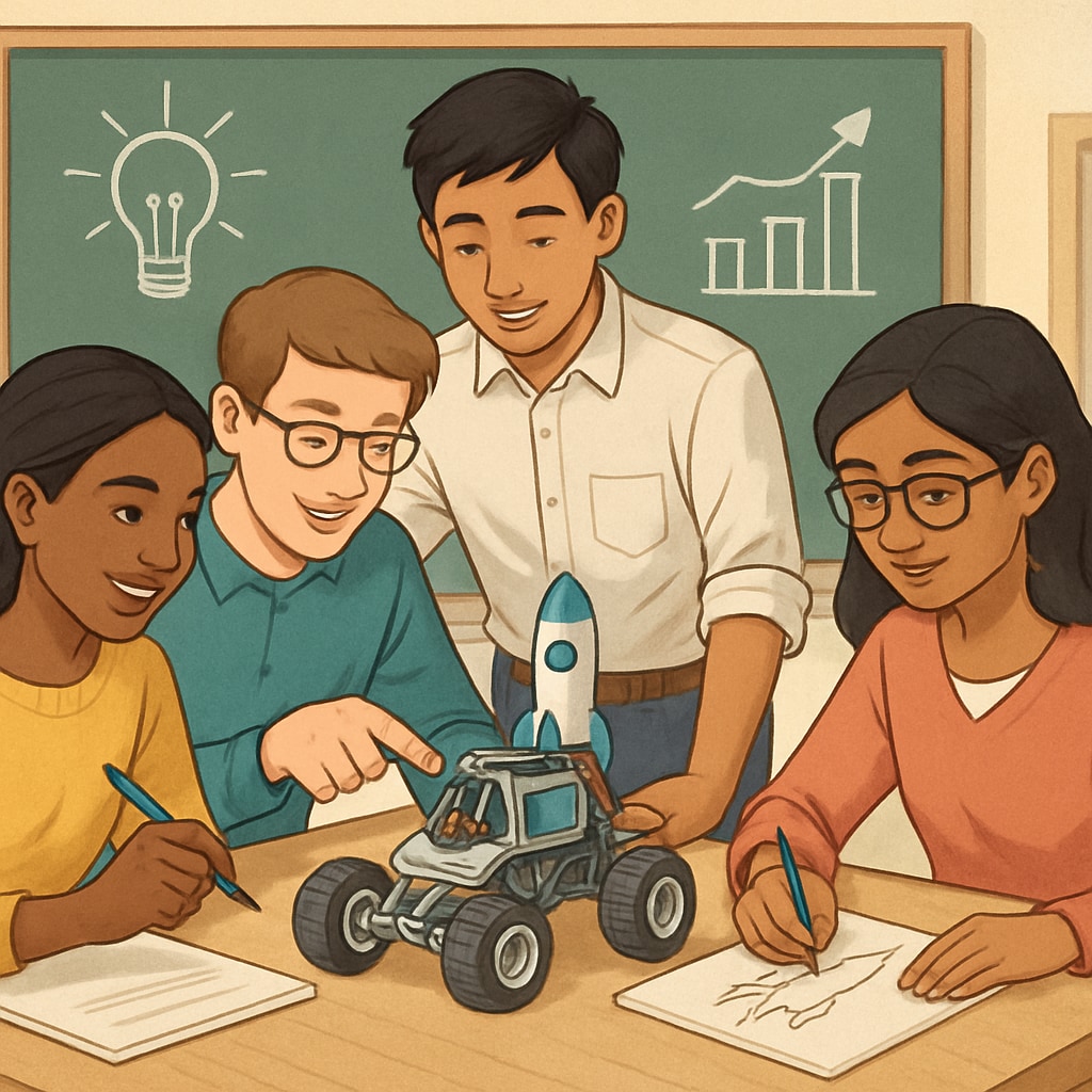 A diverse group of students collaborating on an innovative project, representing future-oriented education. Students collaborating on a project, showcasing modern talent evaluation methods.