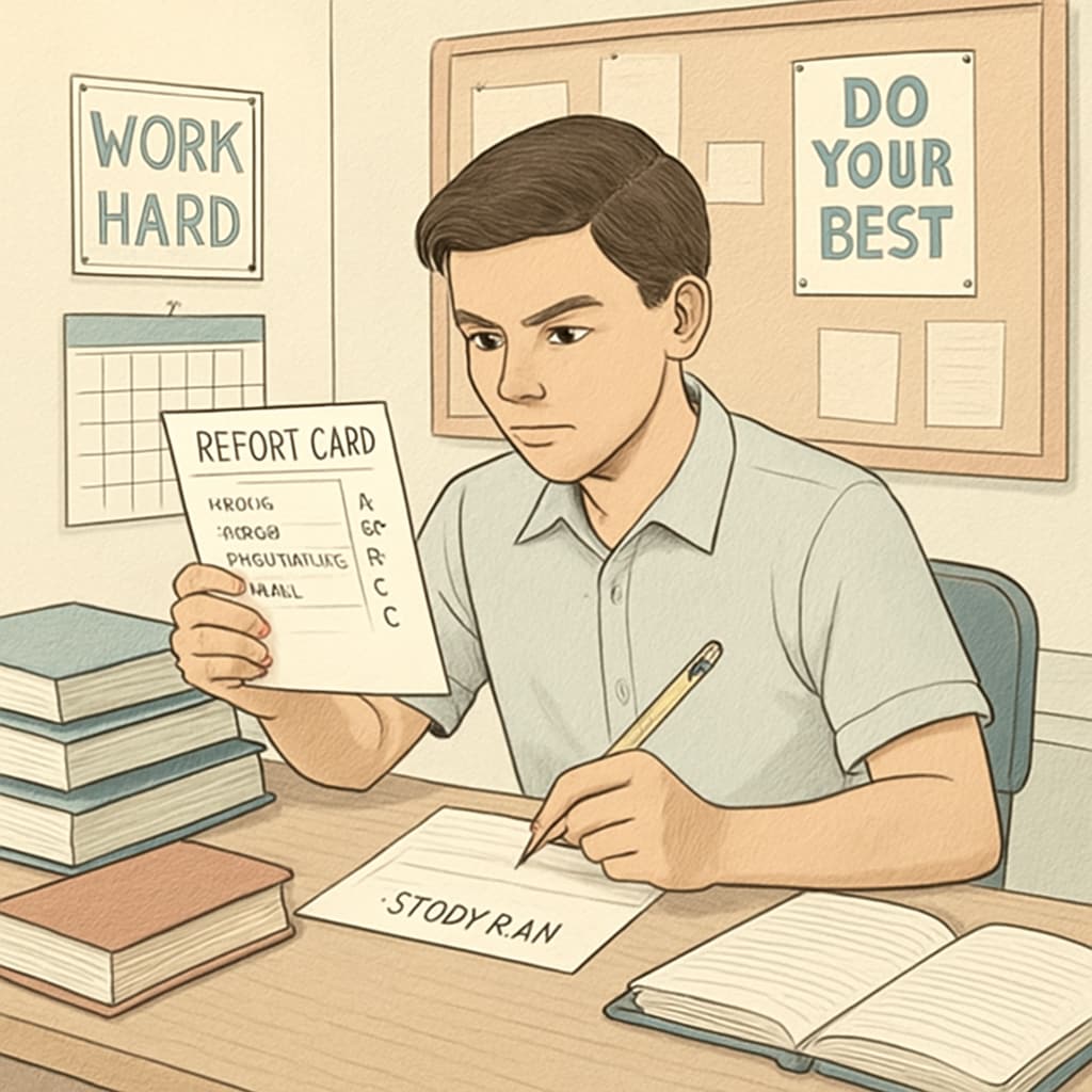 A high school student reviewing their grades and creating a plan for improvement, symbolizing resilience and academic growth. High school student reviewing grades and planning for improvement.