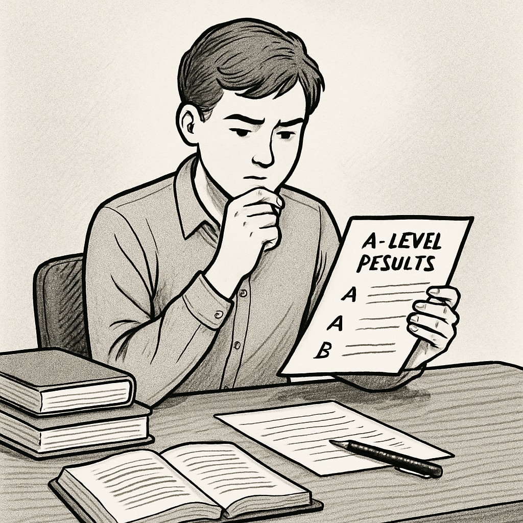 A student looking reflective while reviewing their A-level results at a desk, symbolizing reflection and planning. A student reflecting on A-level results while seated at a desk