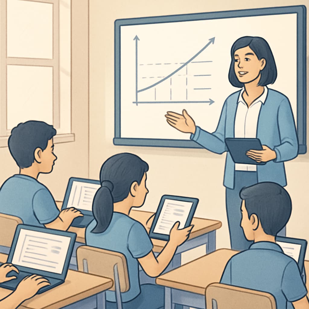Teacher interacting with students using digital tools in a classroom.