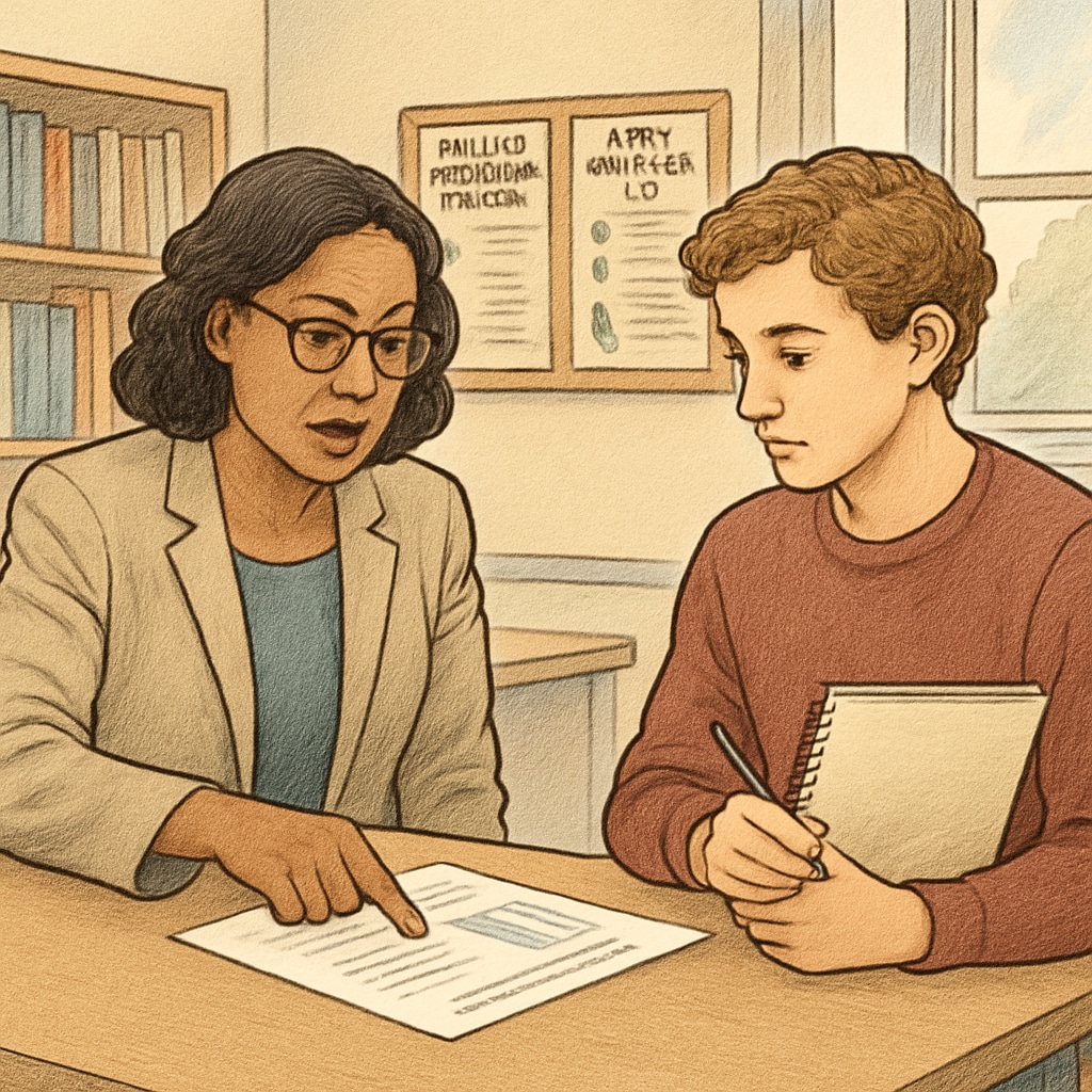 A college counselor discussing application strategies with a high school student, emphasizing a balanced approach to improvement. College counselor advising a student on application strategies.