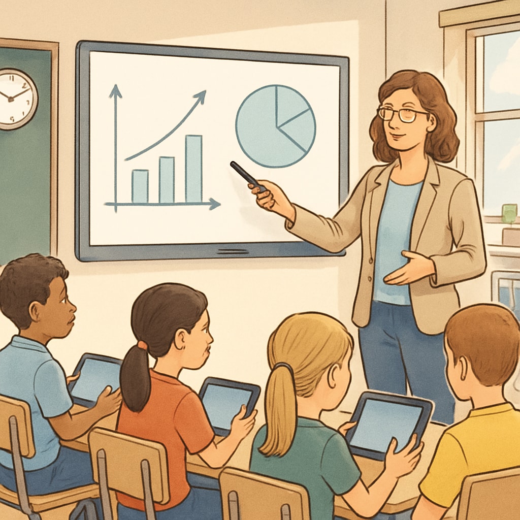 Teacher using an interactive whiteboard with students engaging through tablets.