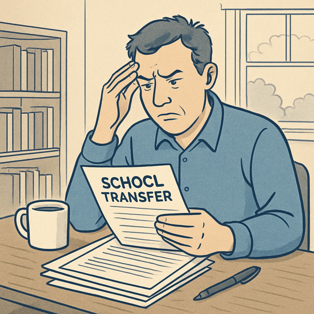 A frustrated parent reviewing complex school transfer documents at home, symbolizing the challenges of inter-district communication barriers. Parent reviewing school transfer documents, highlighting school district obstacles.