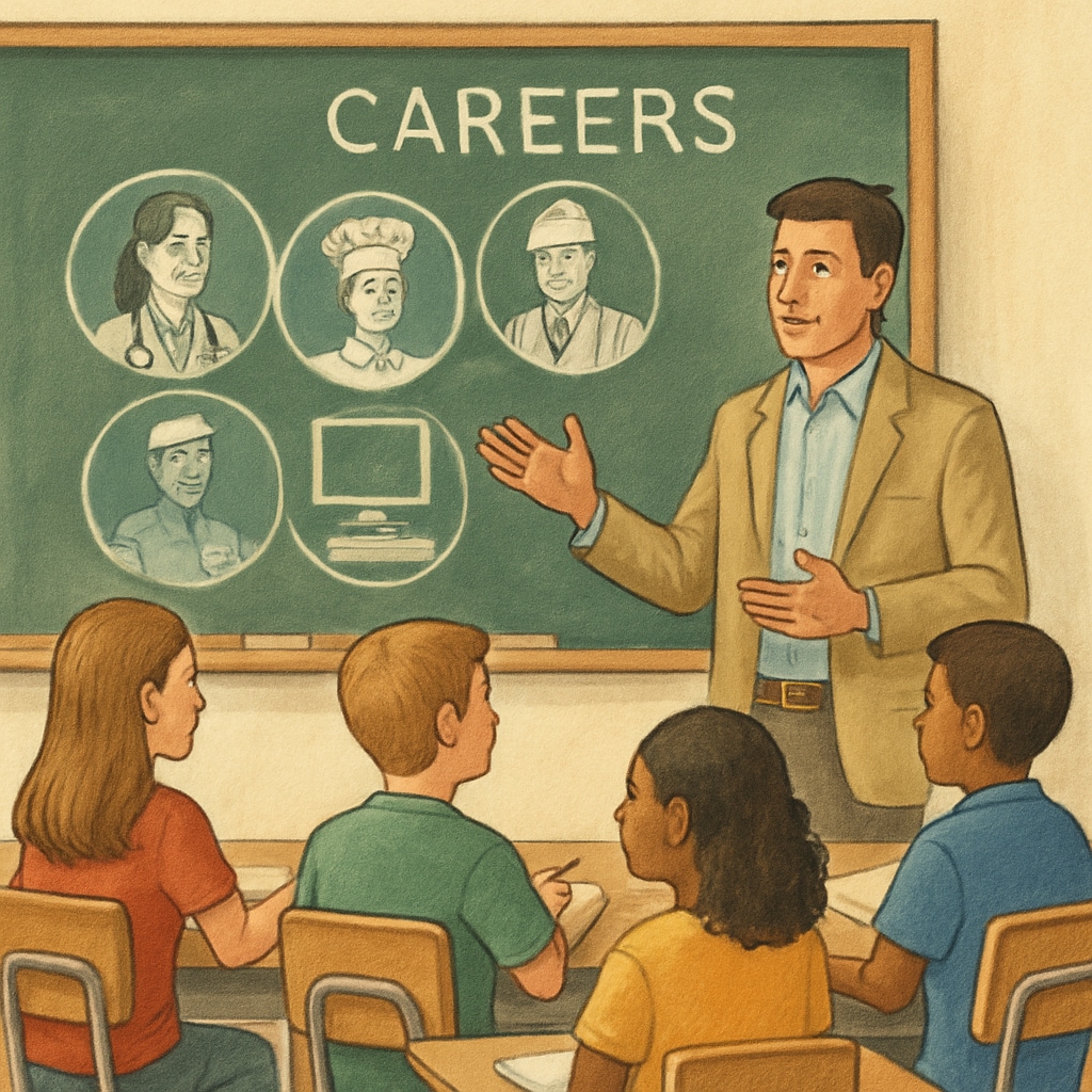 A classroom setting where a teacher discusses career paths with students, symbolizing early career guidance in K12 education. A teacher discussing career options with students in a classroom setting.