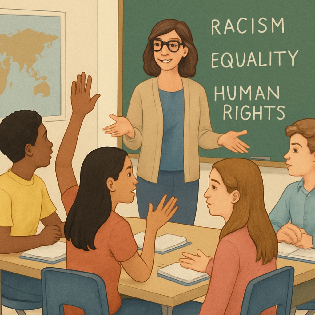 A classroom with students discussing social justice topics, with a teacher facilitating the discussion. Students and teacher discussing social justice in a classroom setting.
