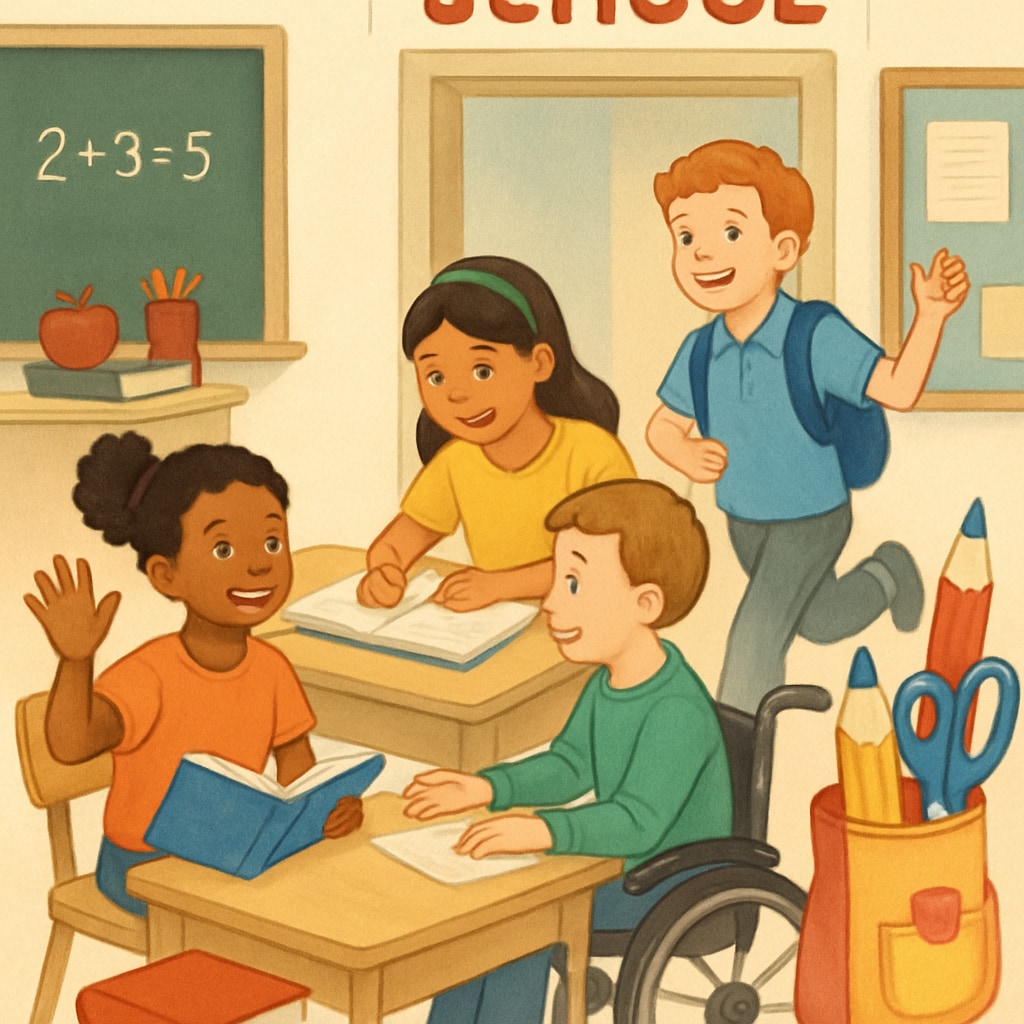 A diverse group of students happily attending a welcoming school environment, representing the positive outcomes of transparent school choice policies. Happy diverse students in a supportive school environment.