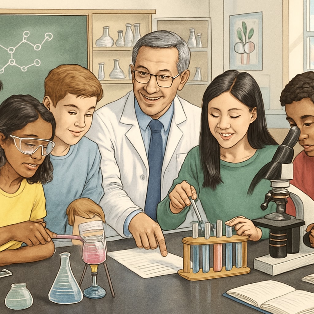 A diverse group of high school students engaging in hands-on science experiments under teacher guidance. High school students conducting science experiments, supporting English learners.