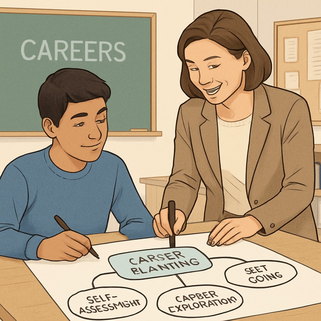 A student working on a career planning chart with a teacher’s guidance, reflecting practical career exploration activities. A student and teacher collaboratively working on a career planning chart.