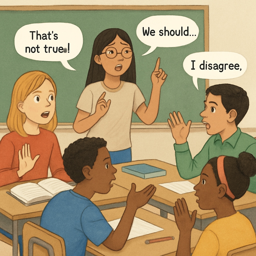 A diverse group of students engaging in a debate, showcasing varying opinions. Students in a debate sharing diverse viewpoints.