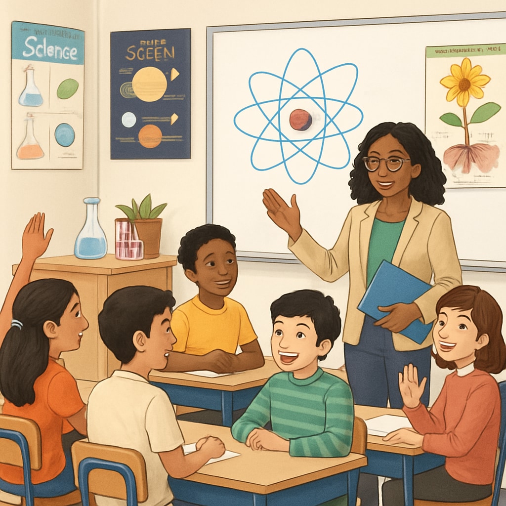 A teacher leading a culturally diverse science classroom discussion, with students actively participating. Culturally diverse classroom discussing science concepts, supporting English learners.