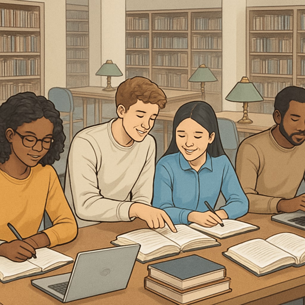 A diverse group of students studying together in a university library, symbolizing collaboration and learning groups. Students collaborating in a learning group at the University of Houston.
