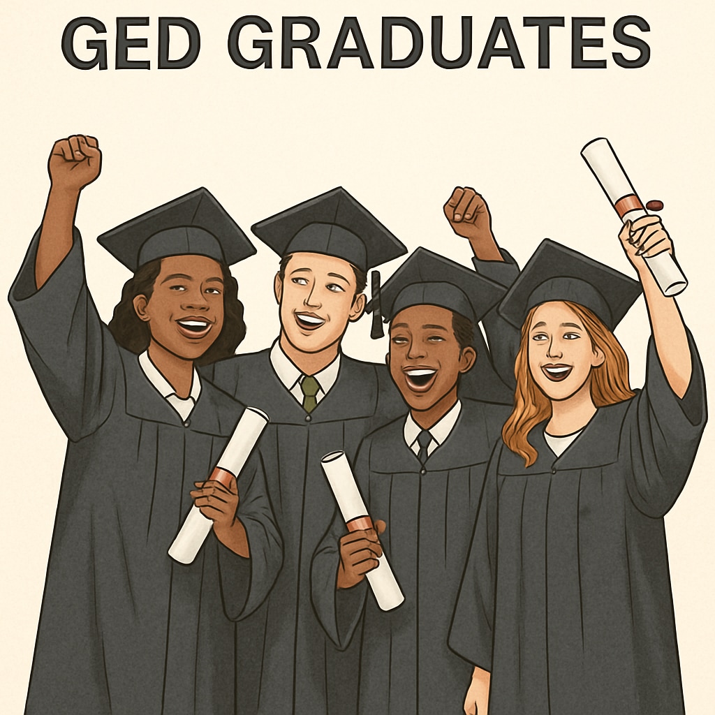 A group of GED graduates celebrating their achievement, symbolizing the start of their higher education journey. GED graduates celebrating their achievement, emphasizing adult education opportunities.
