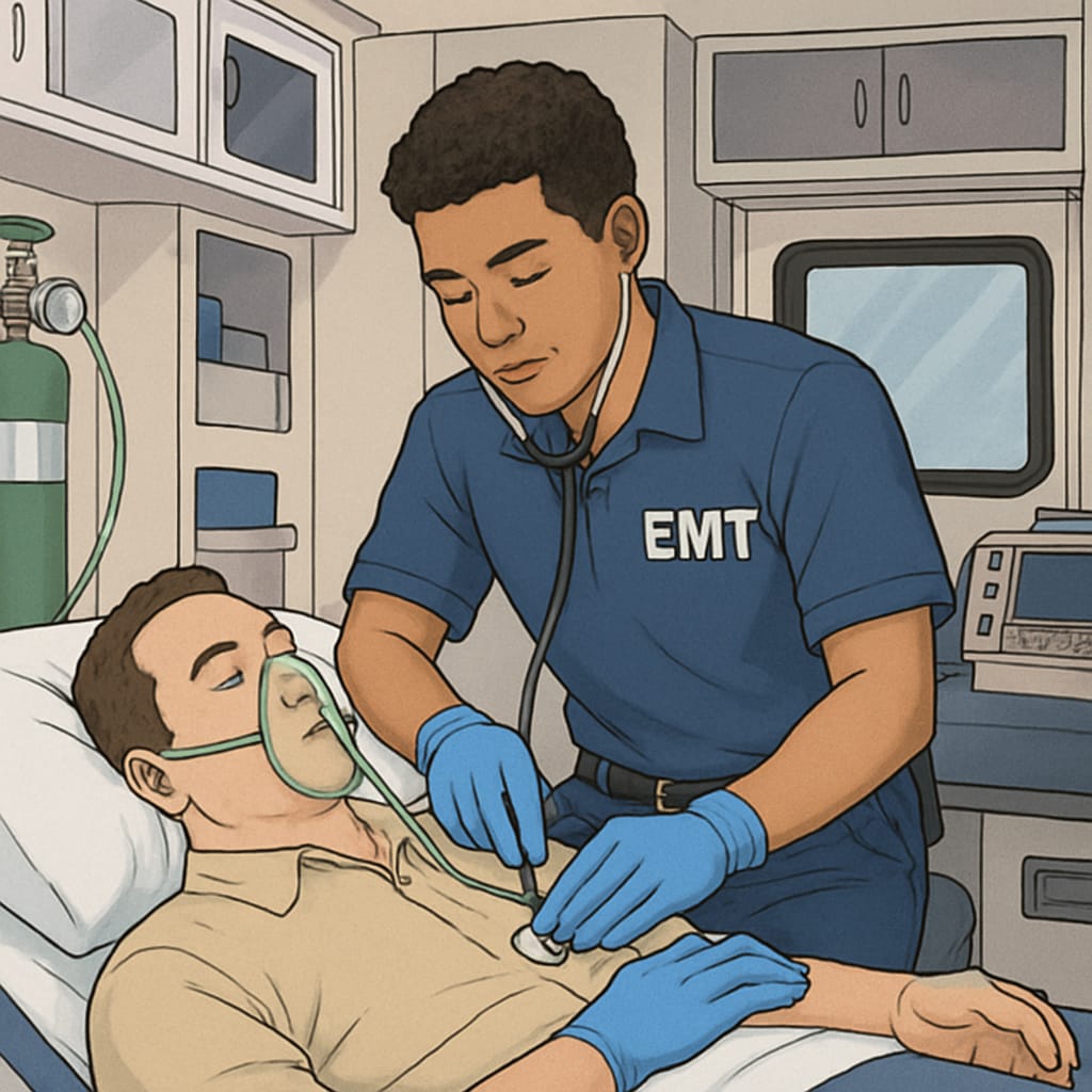 A young EMT providing patient care in an ambulance, showcasing hands-on healthcare experience beneficial for nursing transfer applications. EMT experience to enhance nursing transfer applications