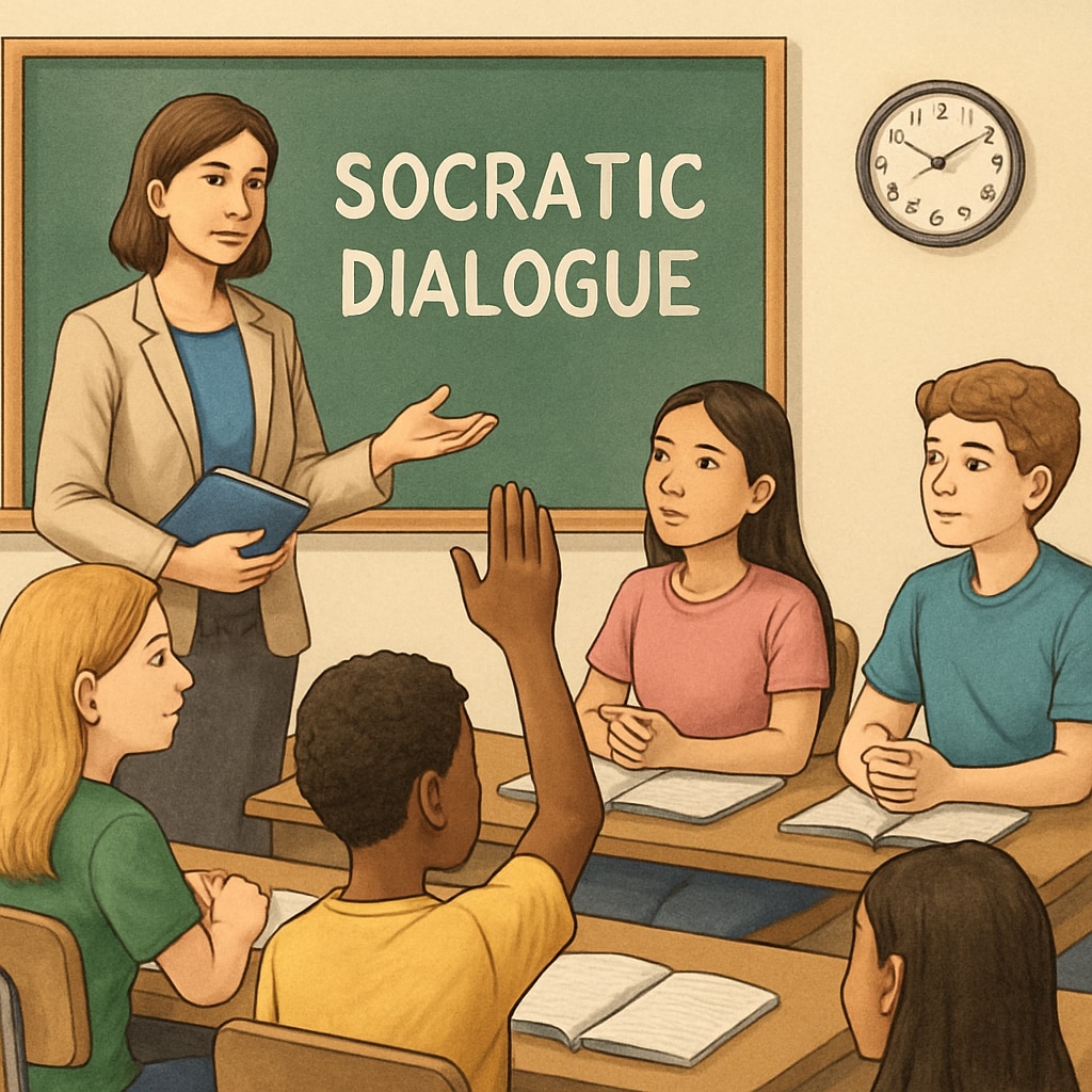 A classroom setting with students engaged in a Socratic dialogue led by their teacher. Philosophy teacher conducting a Socratic dialogue with K12 students.