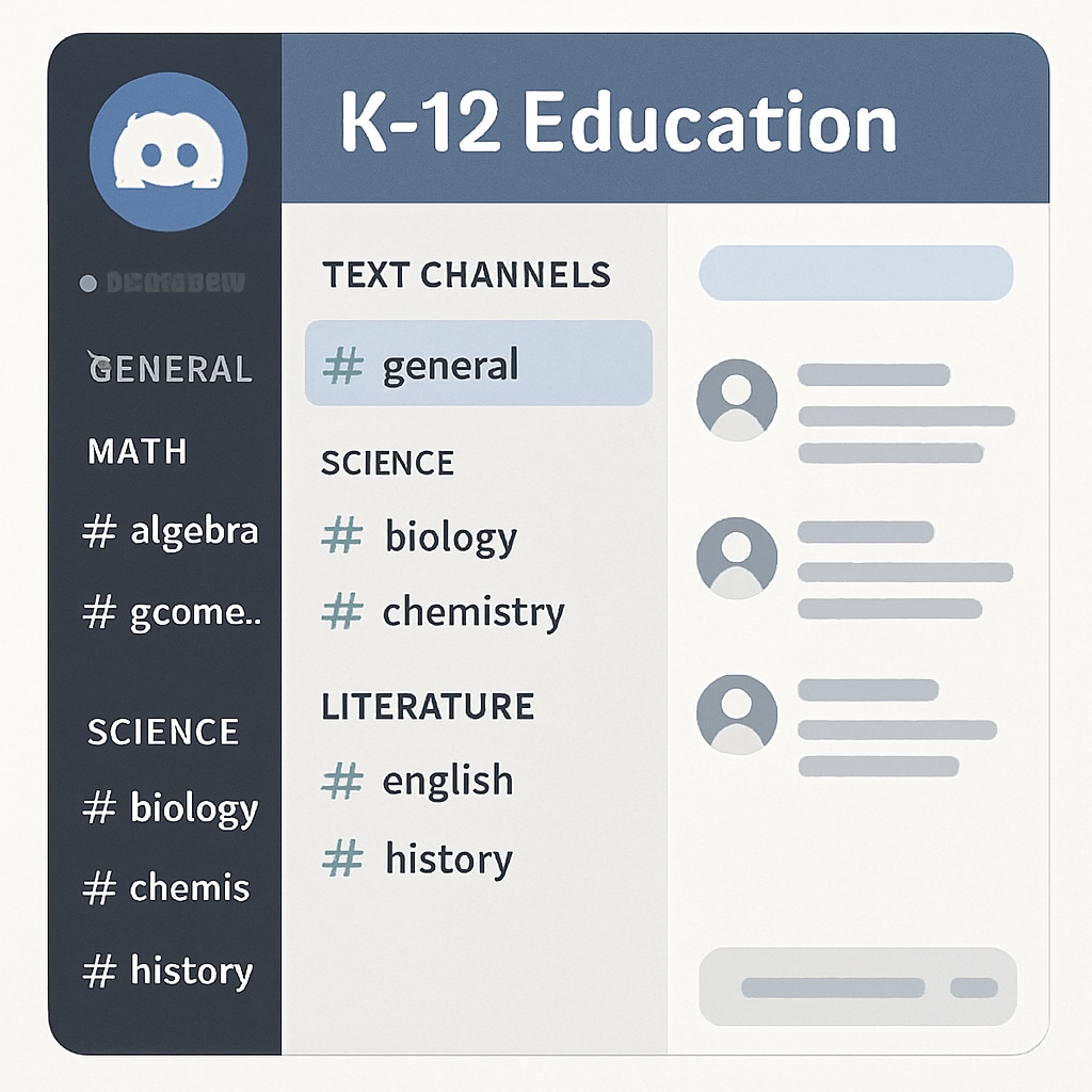 A screenshot of a Discord server dedicated to K-12 education, showing organized channels for various subjects like math, science, and literature. Discord server showcasing K-12 education channels for University of Houston students.