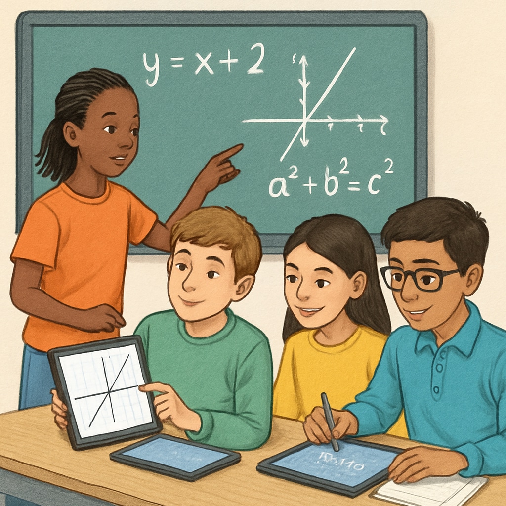 A group of diverse students learning math concepts using digital tools in a classroom. Students using digital tools to learn math concepts in a classroom.