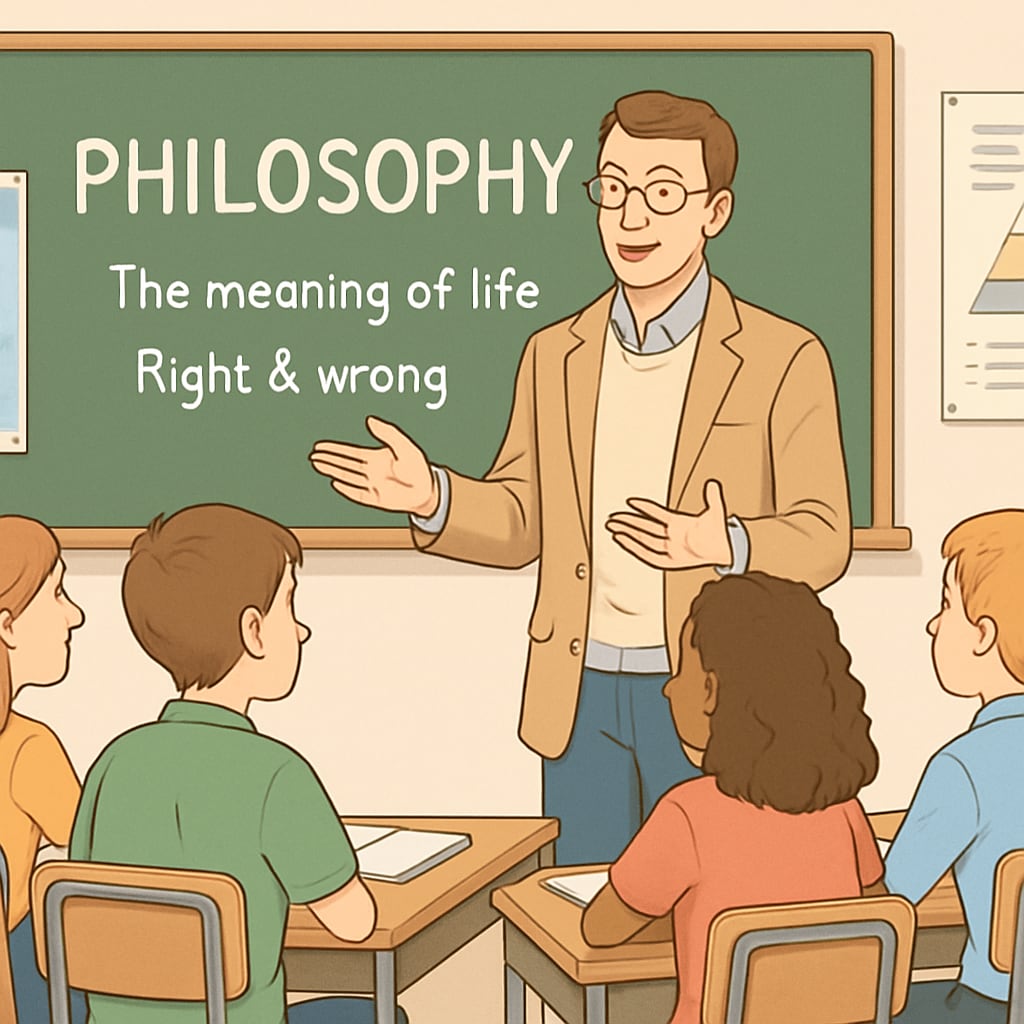 A teacher explaining philosophical concepts to a group of attentive middle school students. Philosophy teacher introducing ethical concepts to young learners.