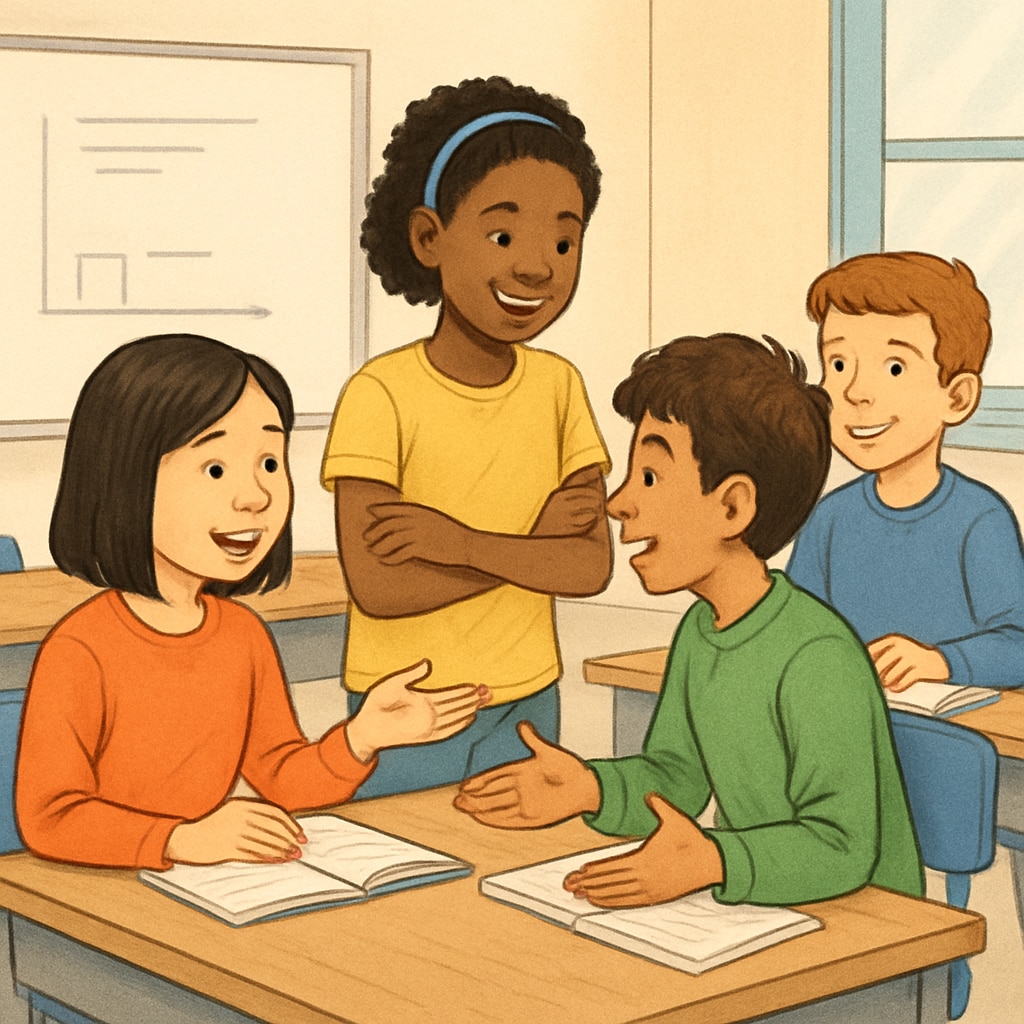 A classroom setting with diverse students engaged in a discussion, symbolizing adaptation to a new language environment. Students in a classroom discussing academic topics, representing language adaptation.