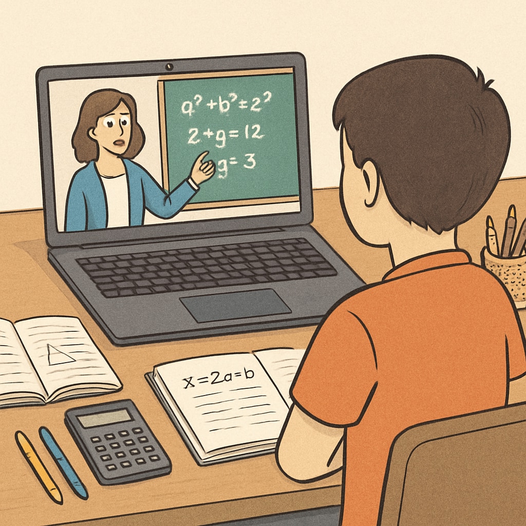 A student watching an educational math video on a laptop, with notes and a calculator on the desk. A student learning math through YouTube videos with a laptop and notes.