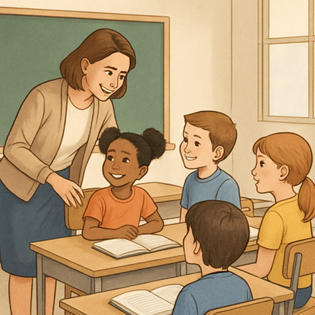 A classroom setting where a teacher is warmly engaging with students, representing nurturing care in education. Classroom scene reflecting nurturing care in education.