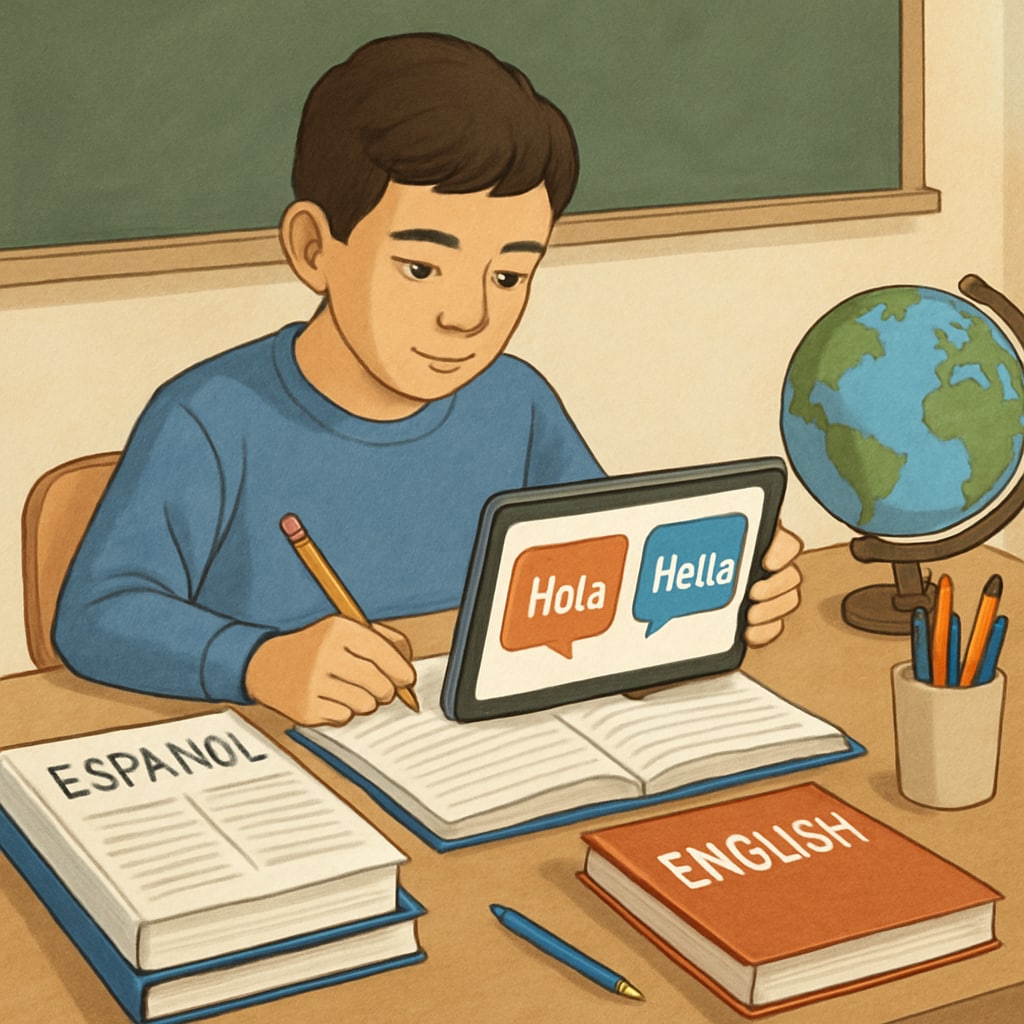 A student studying with bilingual resources, representing the use of educational tools for adaptation. A student using a bilingual dictionary and online resources to improve English skills.