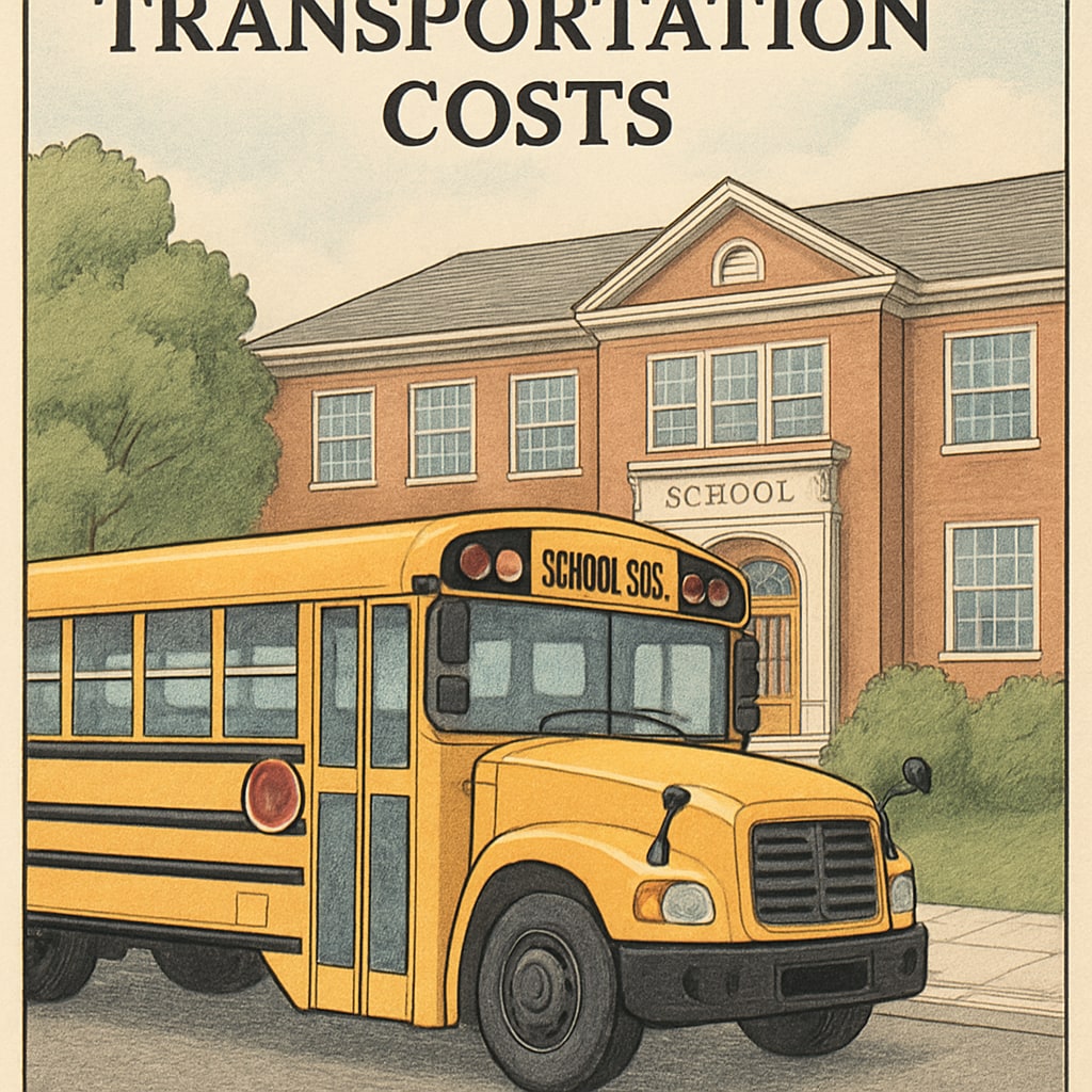 A well-maintained school bus parked outside a school building, illustrating transportation costs in education funding metrics. School bus costs and their impact on per-student expenditure.