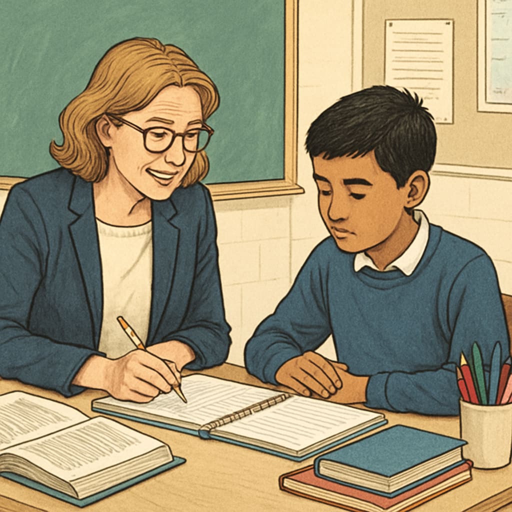 A UK teacher mentoring a student one-on-one during a personalized catch-up session. UK teacher helping a student in a one-on-one session for education recovery.